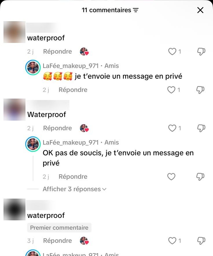Commentaires TikTok « waterproof » sous une vidéo de La Fée Makeup, qui répond qu'elle envoie un message en privé
