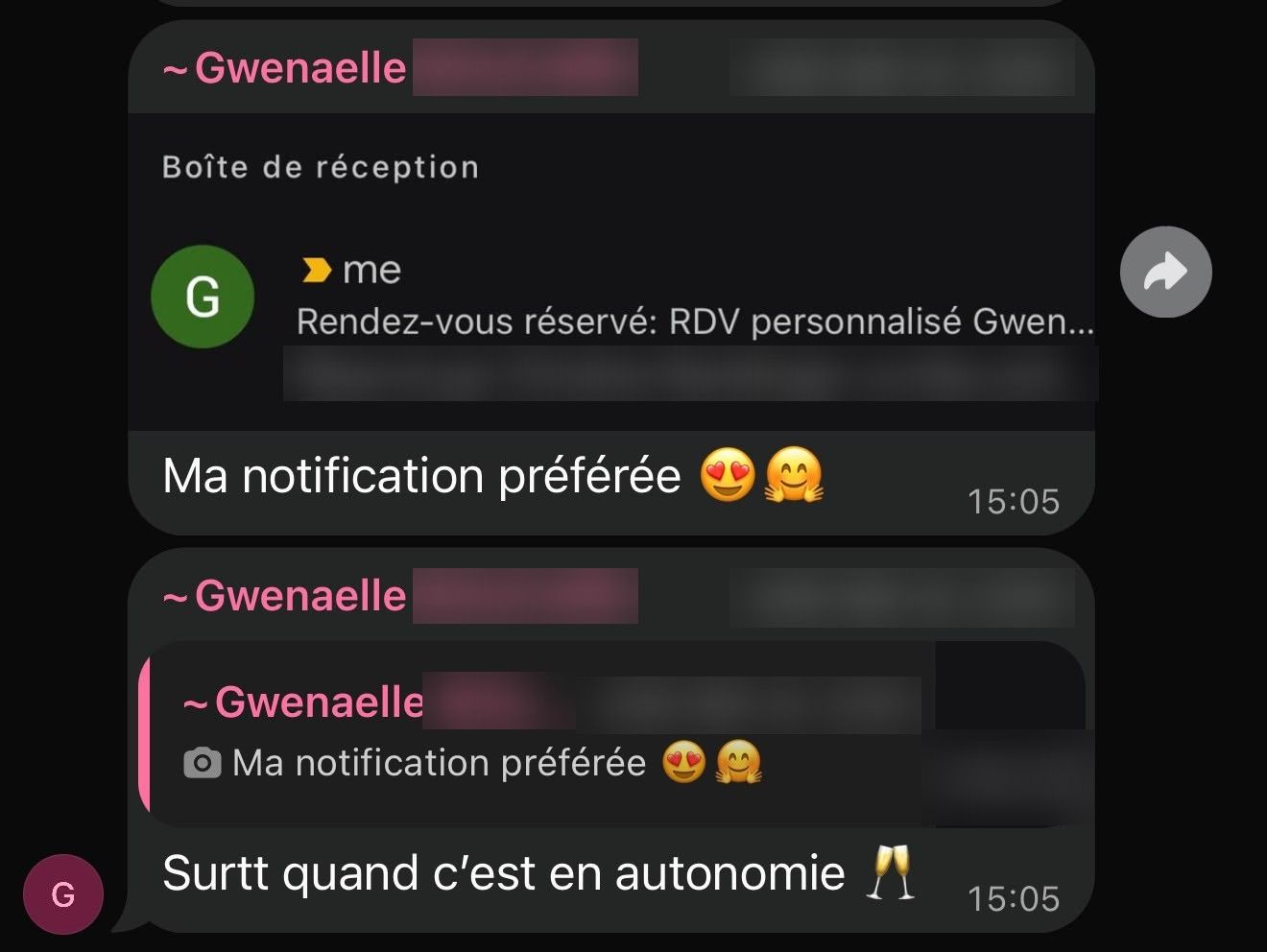 Message WhatsApp de Gwen : « Ma notification préférée », au-dessus d'une réservation de rendez-vous, puis « Surtout quand c'est en autonomie »