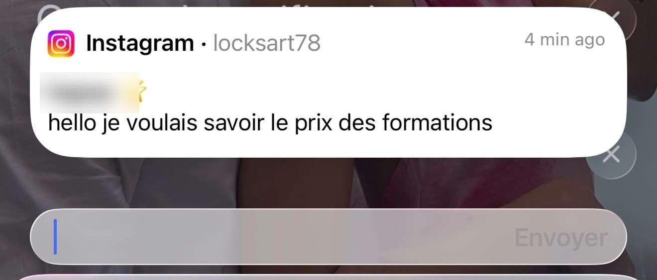 Notification Instagram de Locks'Art : une personne demande le prix des formations