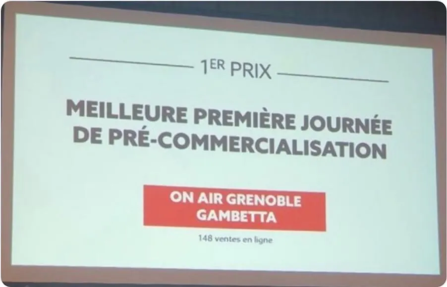 Prix « 1er prix, meilleure première journée de pré-commercialisation » d'On Air Grenoble Gambetta : 148 ventes en ligne
